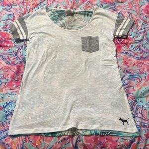 PINK Short Sleeve Tee Size XS Tropical Design Striped Sleeves Palm Leaves